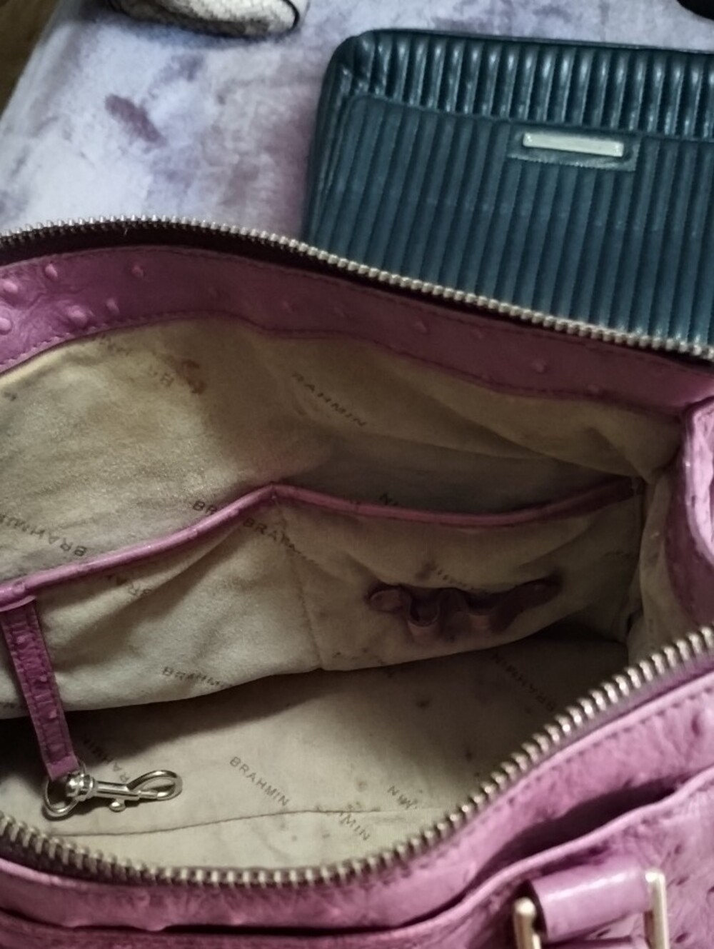 Brahmin Plum Ostrich-Embossed Leather Satchel with Detachable Strap - Picture 7 of 11